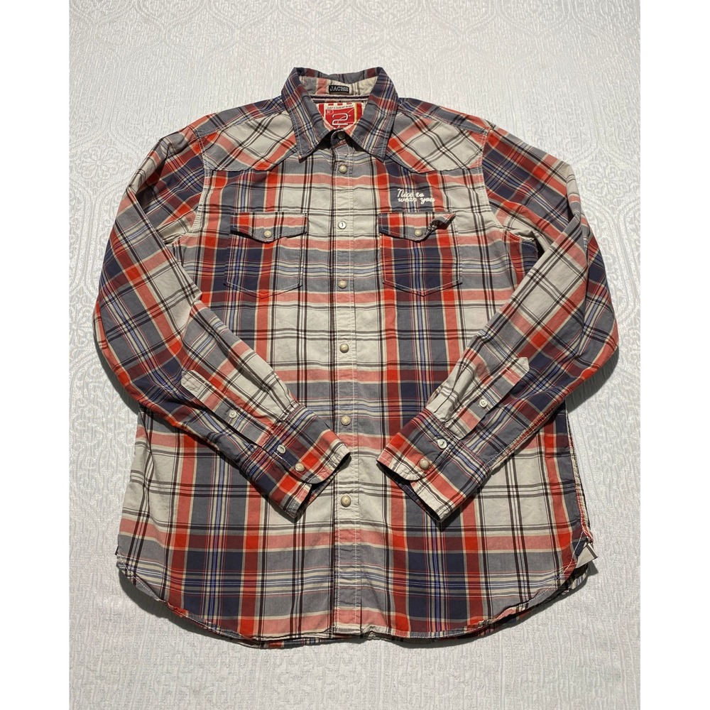 Jachs NY Mens Large Plaid Western Pearl Snap Button Down‎ Shirt Red Blue Cotton